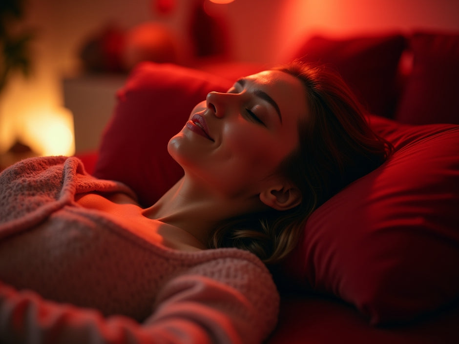 Woman experiencing red light therapy for improved sleep and mood.